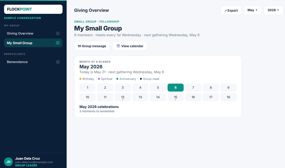 Small Group leader view with month at a glance and celebrations